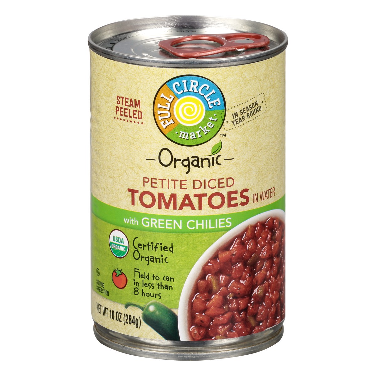 slide 6 of 14, Full Circle Market Organic Petite Diced with Green Chilies Tomatoes in Water 10 oz, 10 oz