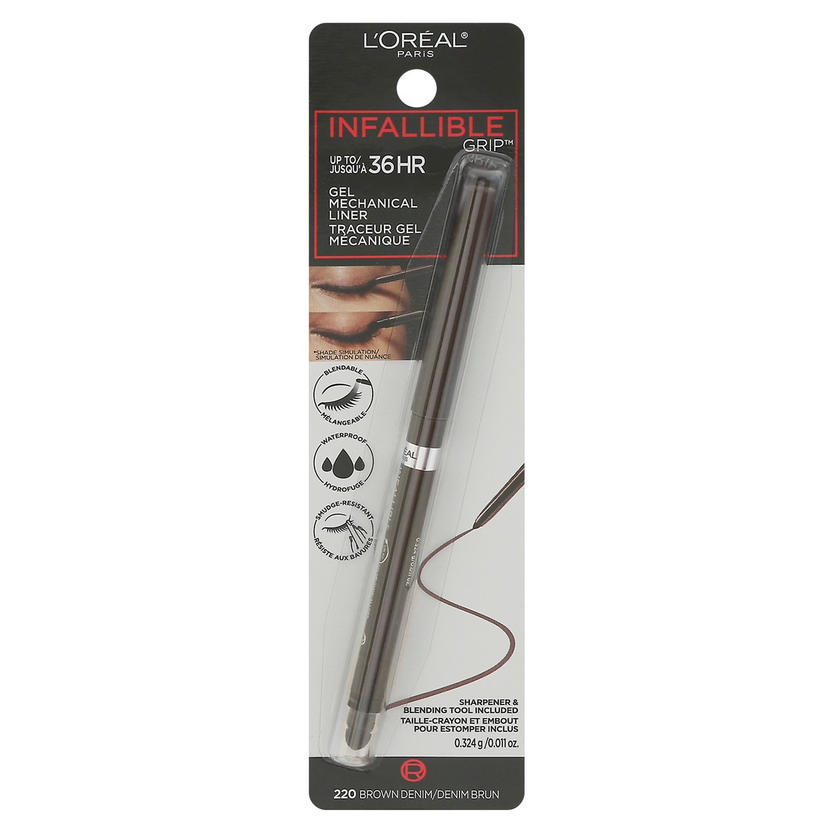 slide 1 of 9, L'Oréal Infallible Grip Brown Denim 220 Gel Mechanical Liner 0.011 oz, 0.01 oz