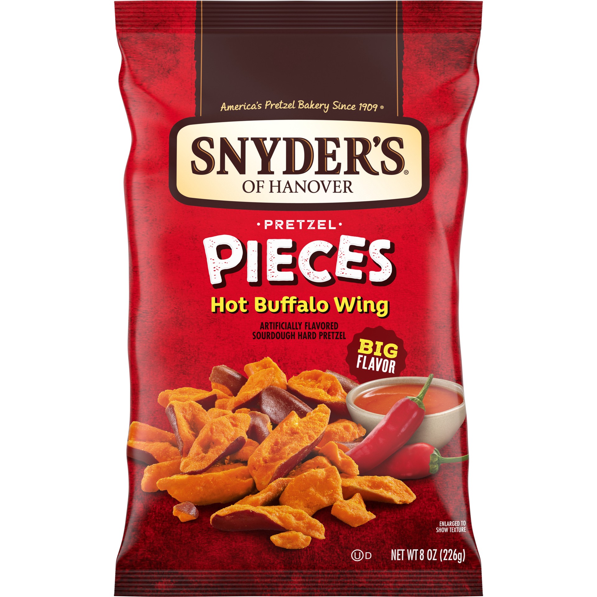 slide 1 of 5, Snyder's of Hanover Hot Buffalo Wing Flavored Pretzel Pieces, 8 Oz Bag, 8 oz