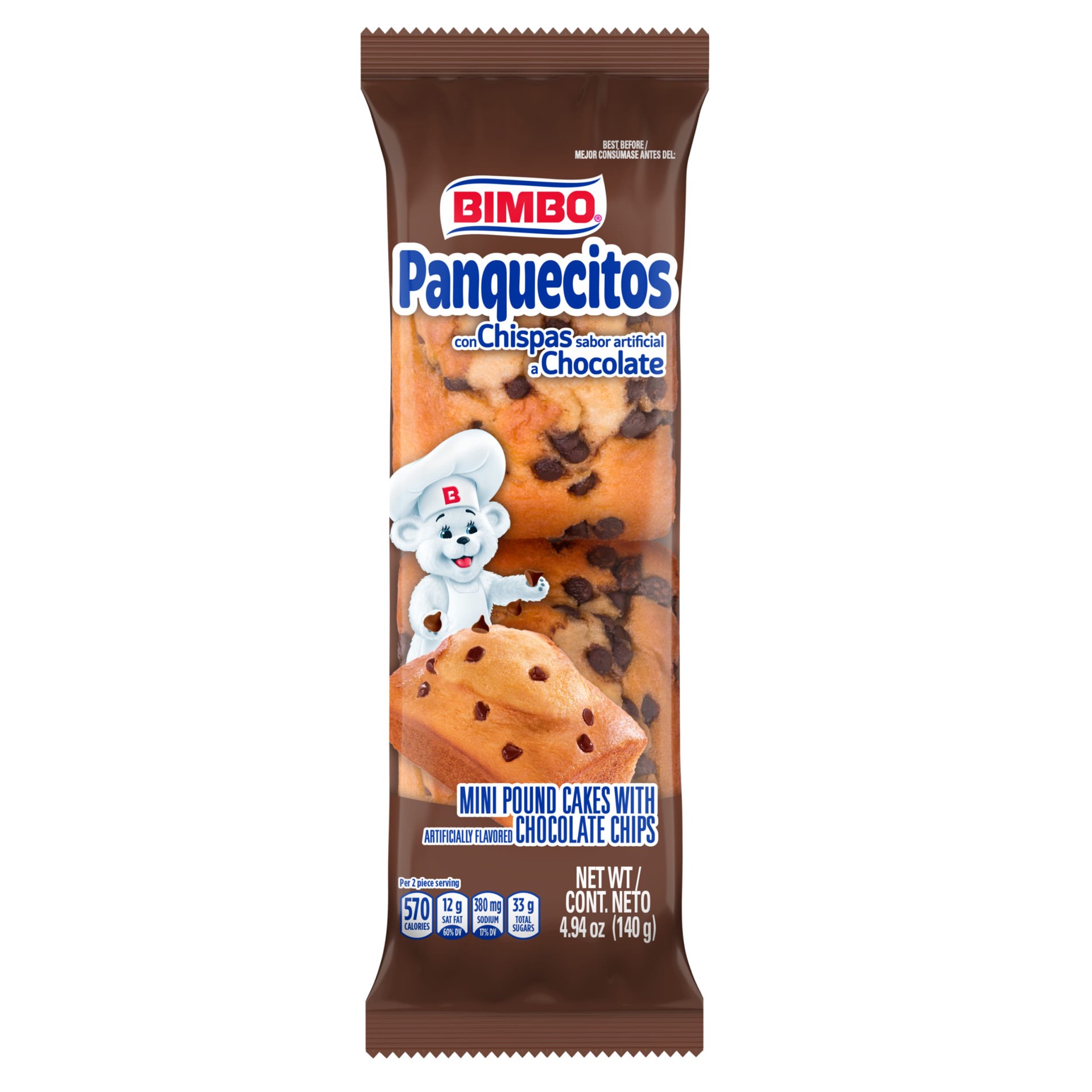 slide 1 of 5, Bimbo Panquecitos Chocolate Chip Pound Cakes, 2 count, Mini Pound Cakes, 4.94 oz Bag, 4.58 oz