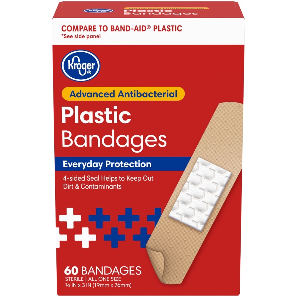 slide 1 of 1, Kroger Antibacterial Plastic Bandages 34 In X 3 In One Size, 60 ct