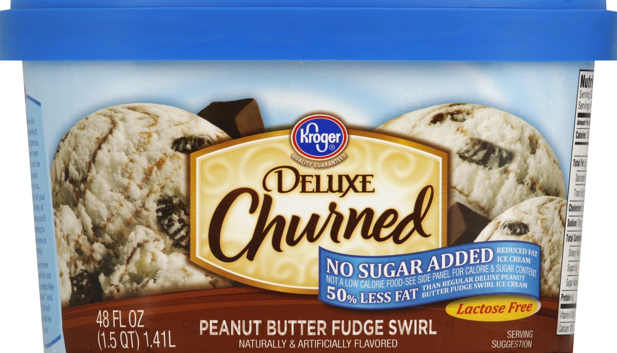 slide 5 of 6, Kroger Lactose Free / No Sugar Added Deluxe Churned Peanut Butter Fudge Swirl Ice Cream, 48 fl oz