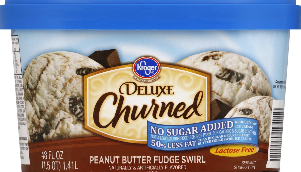slide 6 of 6, Kroger Lactose Free / No Sugar Added Deluxe Churned Peanut Butter Fudge Swirl Ice Cream, 48 fl oz