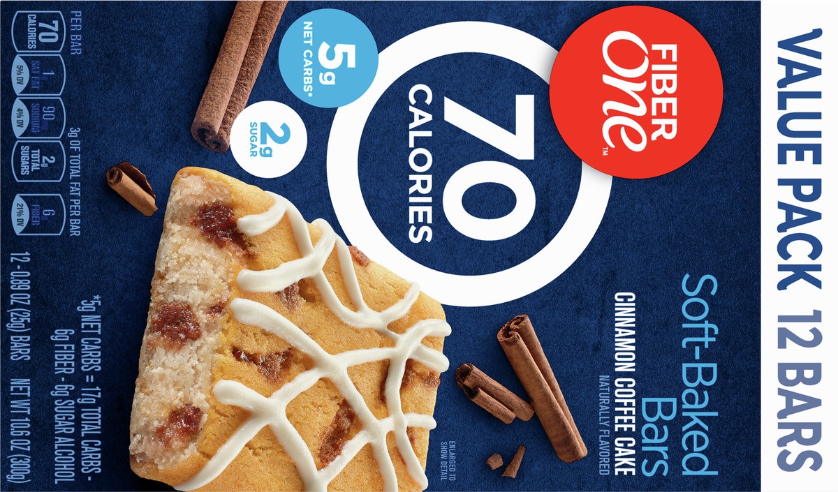slide 6 of 9, Fiber One 70 Calorie Soft-Baked Bars, Cinnamon Coffee Cake, Value Pack, 12 Bars, 10.6 oz, 12 ct