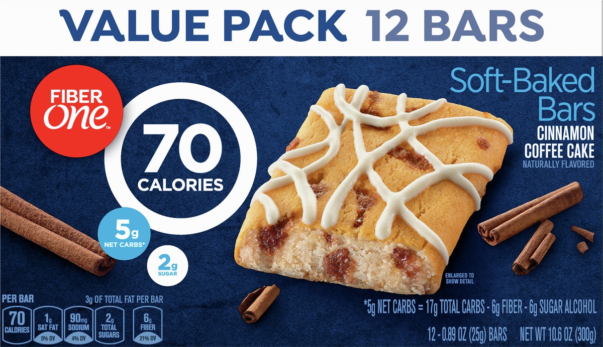 slide 5 of 9, Fiber One 70 Calorie Soft-Baked Bars, Cinnamon Coffee Cake, Value Pack, 12 Bars, 10.6 oz, 12 ct