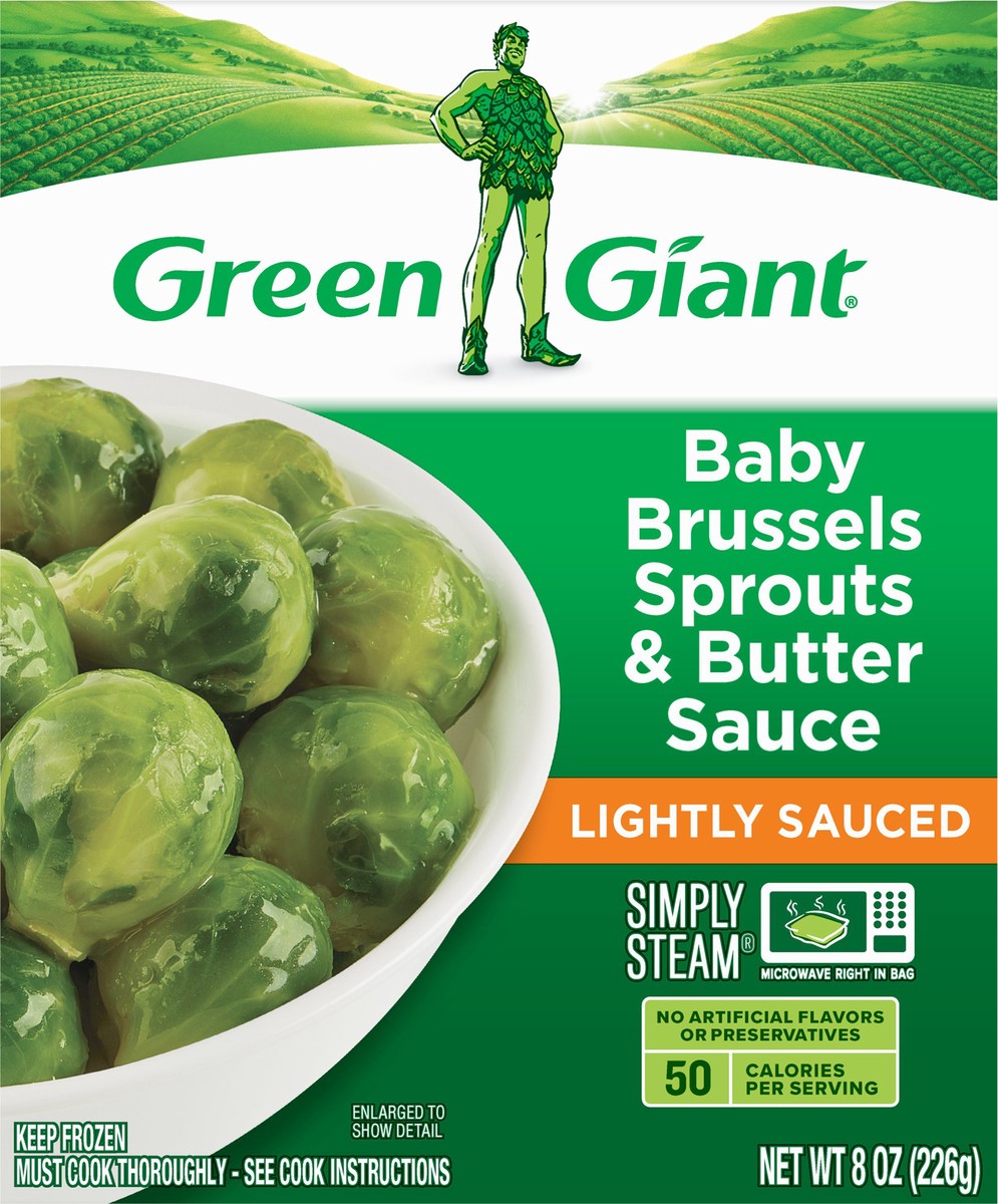 slide 8 of 9, Green Giant Simply Steam Baby Brussels Sprouts & Butter Sauce, Lightly Sauced Frozen Vegetables, 8 oz, 8 oz