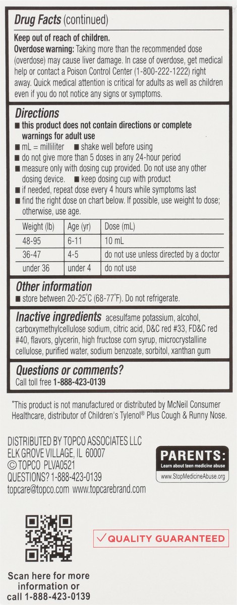 slide 2 of 9, TopCare Health Children's Cough & Runny Nose Cherry Flavor Pain Relief Plus 4 fl oz, 4 fl oz
