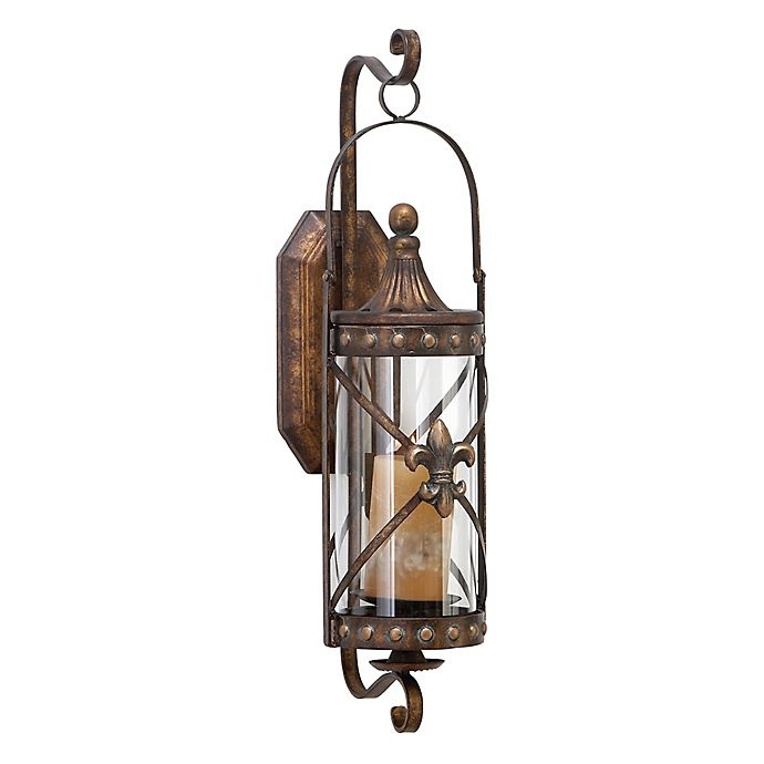 slide 1 of 3, Ridge Road Decor Fleur de Lis Lantern Iron/Glass Candle Sconces - Bronze, 1 ct