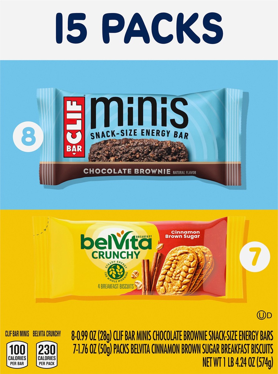 slide 9 of 14, Mixed CLIF BAR Minis Energy Bars & belVita Crunchy Breakfast Biscuits, Snack Variety Pack, 15 Snack Packs, 20.24 oz