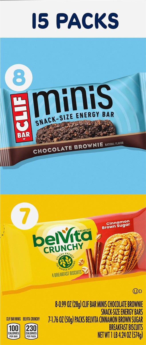 slide 12 of 14, Mixed CLIF BAR Minis Energy Bars & belVita Crunchy Breakfast Biscuits, Snack Variety Pack, 15 Snack Packs, 20.24 oz