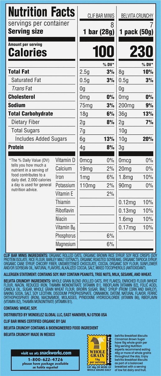 slide 5 of 14, Mixed CLIF BAR Minis Energy Bars & belVita Crunchy Breakfast Biscuits, Snack Variety Pack, 15 Snack Packs, 20.24 oz
