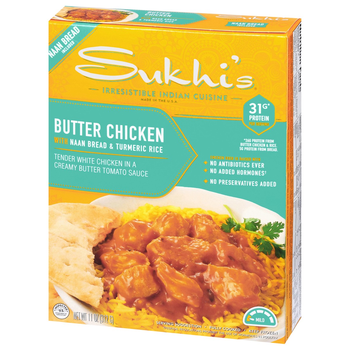 slide 3 of 13, Sukhi's Butter Chicken Curry with Naan & Turmeric Rice, 11 oz