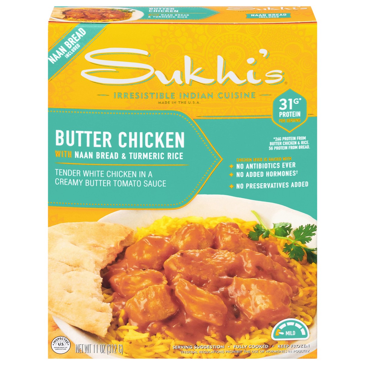 slide 5 of 13, Sukhi's Butter Chicken Curry with Naan & Turmeric Rice, 11 oz