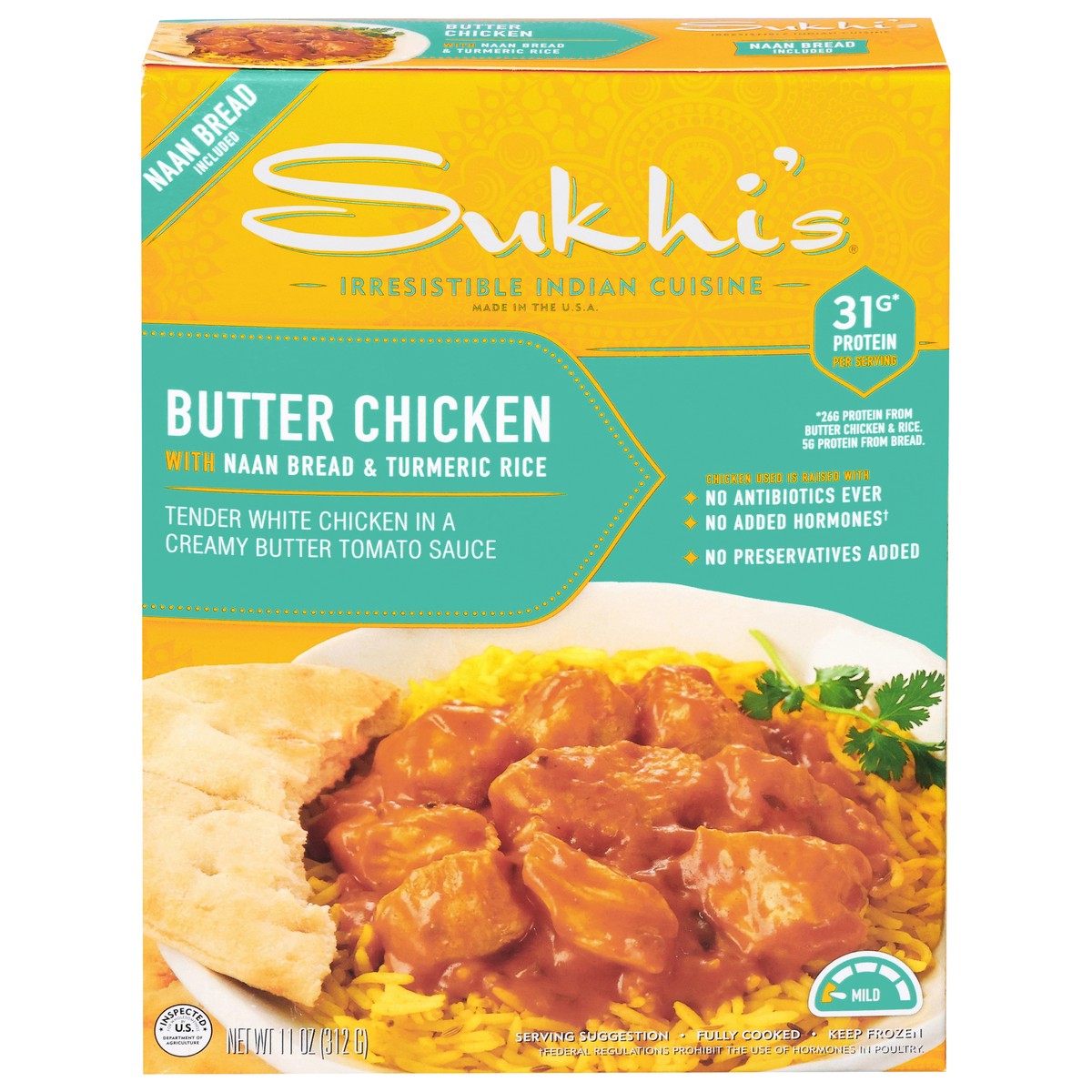 slide 1 of 13, Sukhi's Butter Chicken Curry with Naan & Turmeric Rice, 11 oz