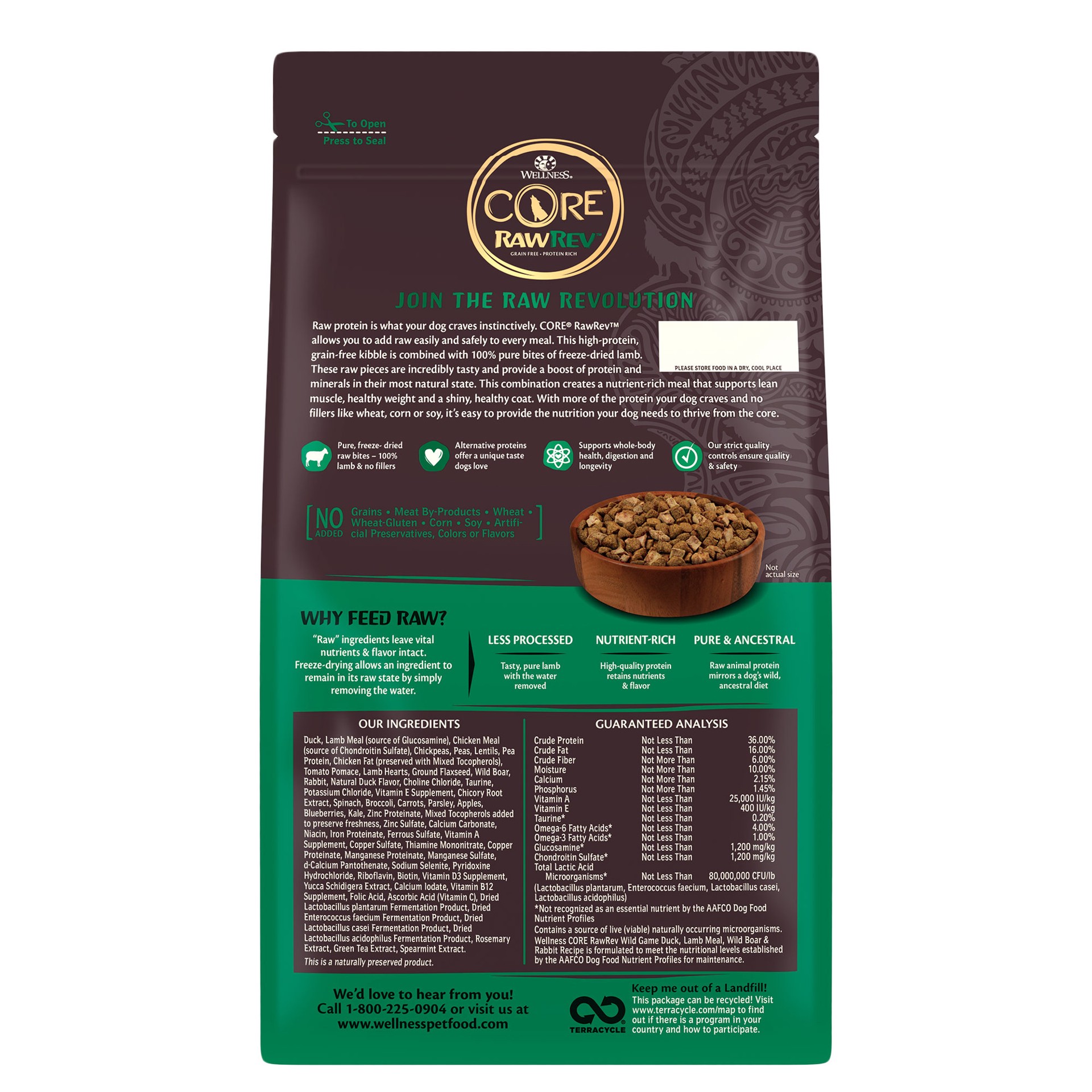 slide 5 of 5, Wellness CORE+ (Formerly RawRev) Natural Grain Free Dry Dog Food, Wild Game Duck, Wild Boar & Rabbit with Freeze Dried Lamb, 4-Pound Bag, 1 ct