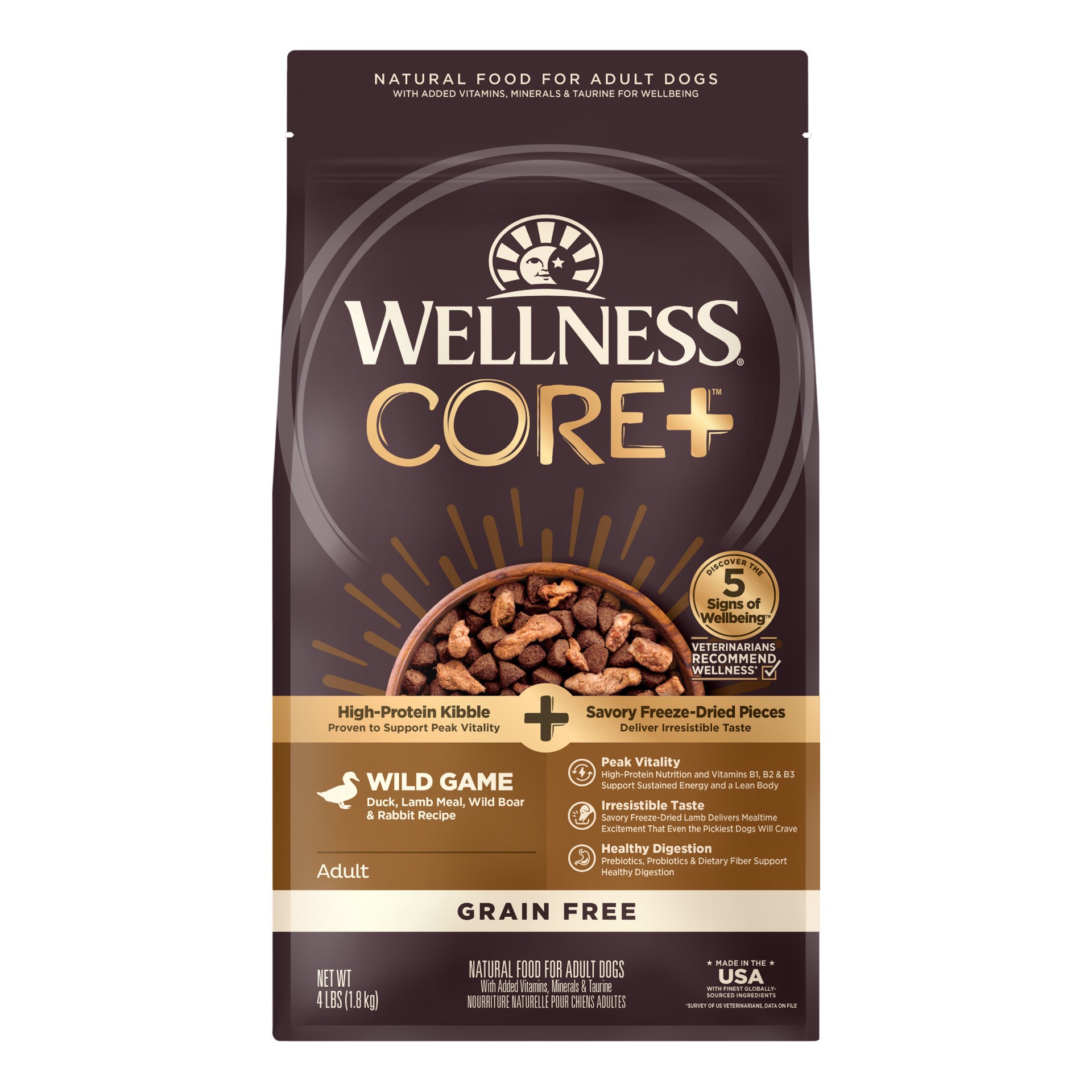 slide 1 of 5, Wellness CORE+ (Formerly RawRev) Natural Grain Free Dry Dog Food, Wild Game Duck, Wild Boar & Rabbit with Freeze Dried Lamb, 4-Pound Bag, 1 ct