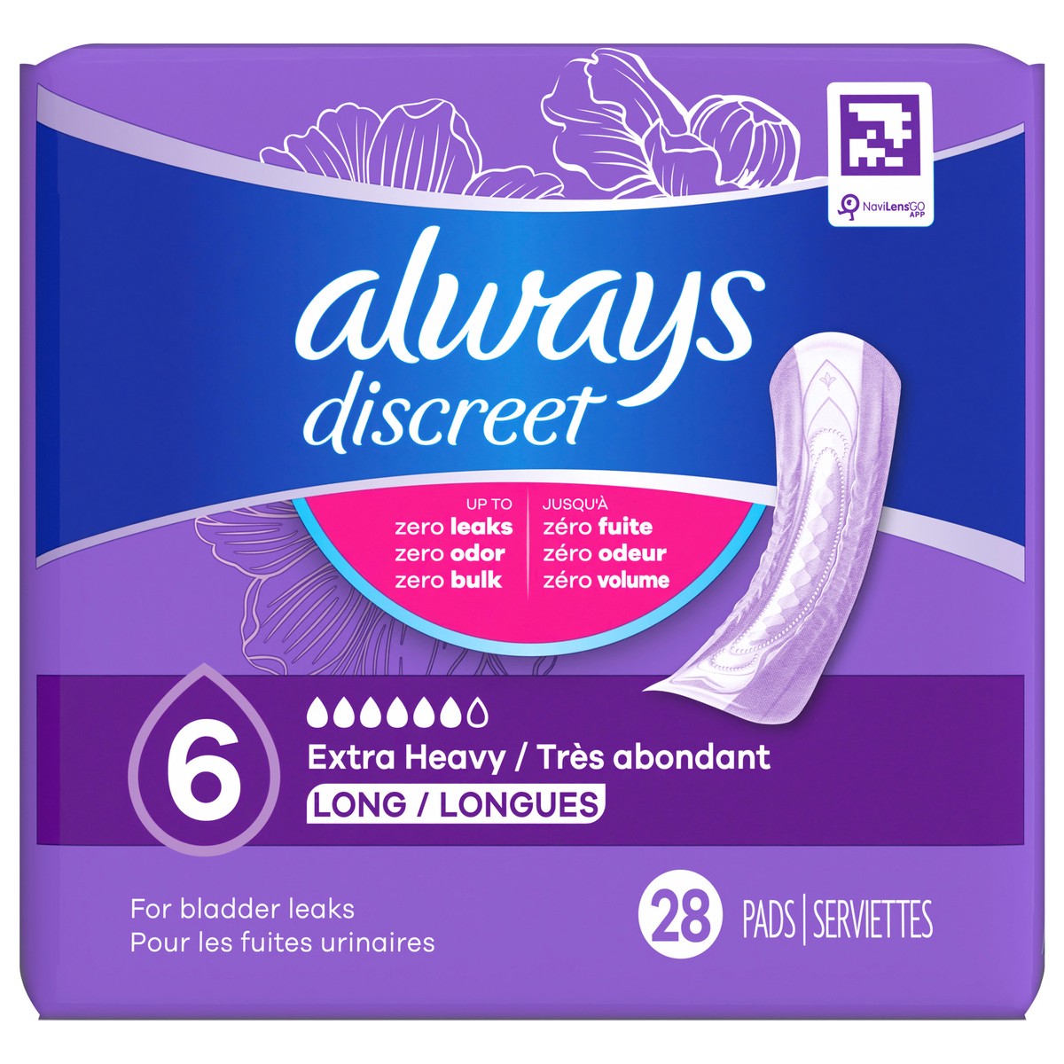 slide 1 of 2, Always Discreet Adult Incontinence Pads for Women, Extra Heavy Absorbency, Long Length, Postpartum Pads, 28 CT, 28 ct