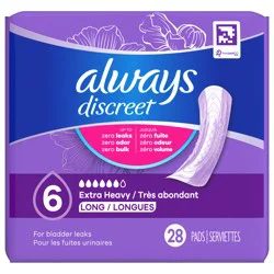 Always Discreet Adult Incontinence Pads for Women, Extra Heavy Absorbency, Long Length, Postpartum Pads, 28 CT