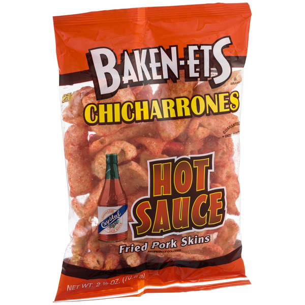 slide 1 of 5, BAKEN-ETS Chicharrones Hot Sauce Fried Pork Skins, 2.5 oz