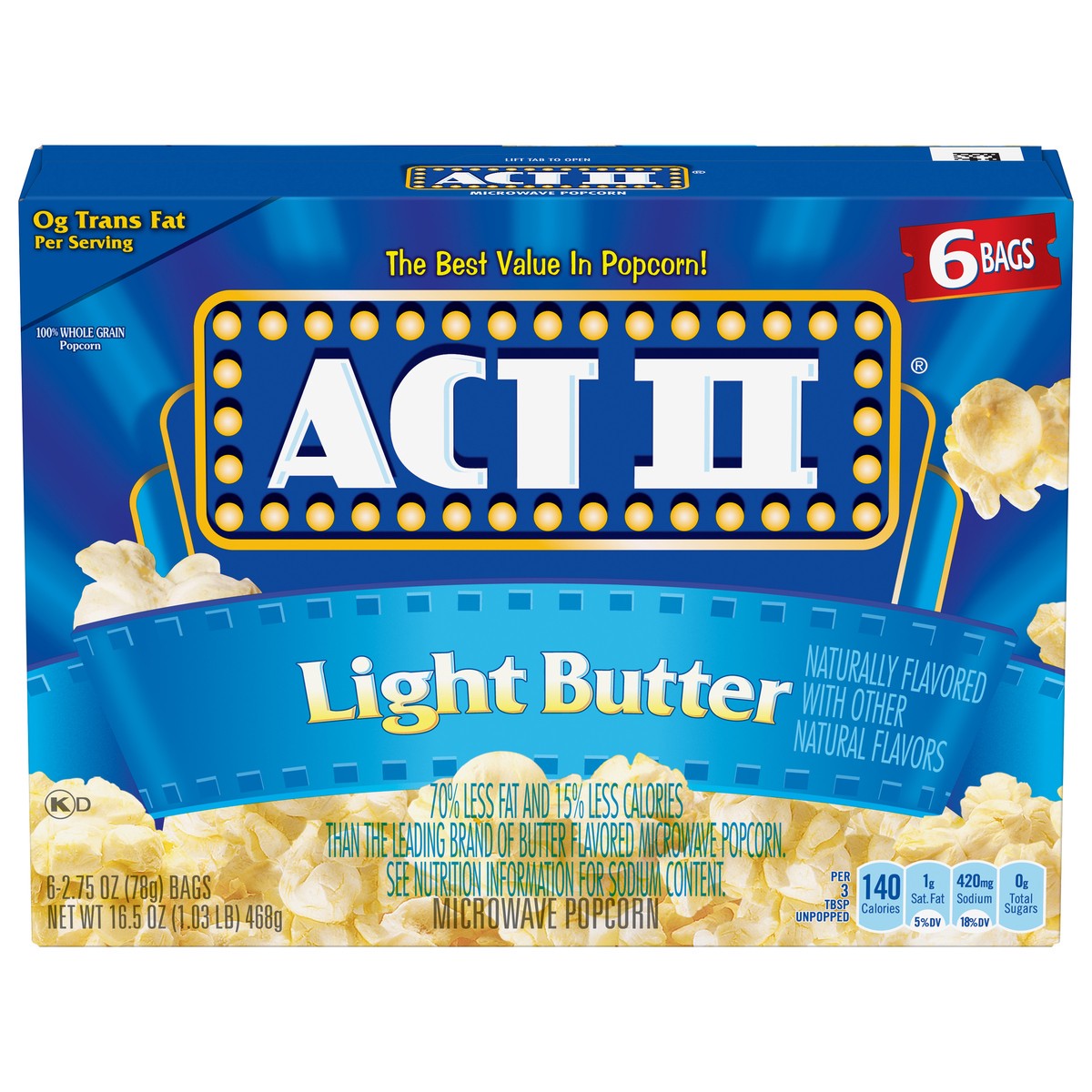 slide 1 of 5, ACT II Light Butter Microwave Popcorn 6 - 2.75 oz Bags, 6 ct