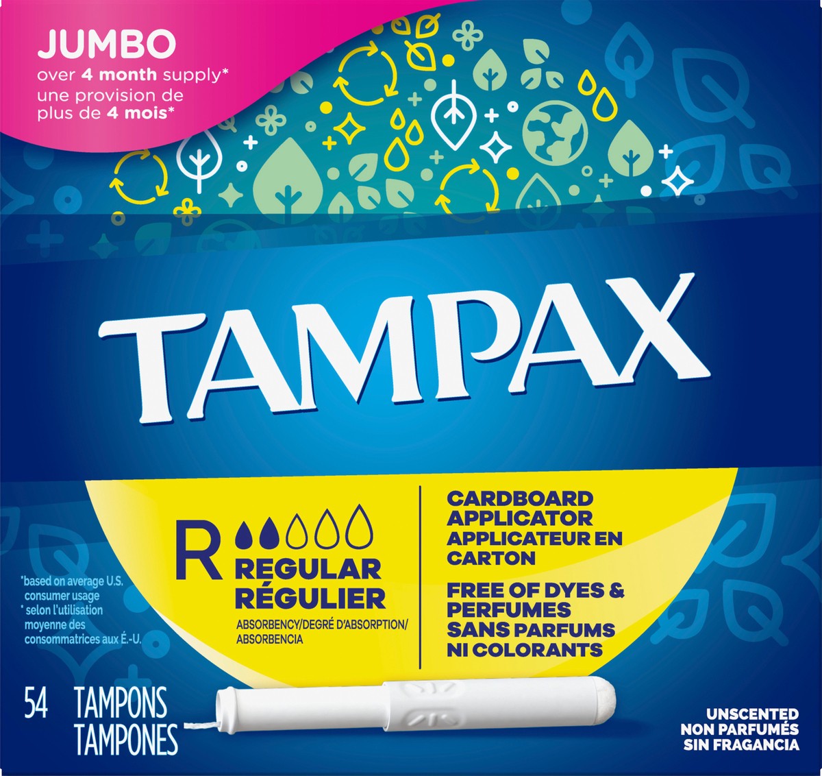 slide 2 of 2, Tampax Cardboard Tampons Regular Absorbency, Anti-Slip Grip, LeakGuard Skirt, Unscented, 54 Count, 54 ct
