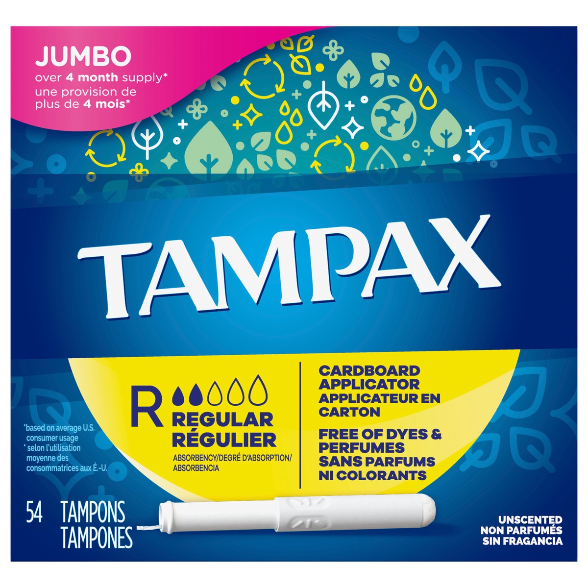 slide 1 of 2, Tampax Cardboard Tampons Regular Absorbency, Anti-Slip Grip, LeakGuard Skirt, Unscented, 54 Count, 54 ct