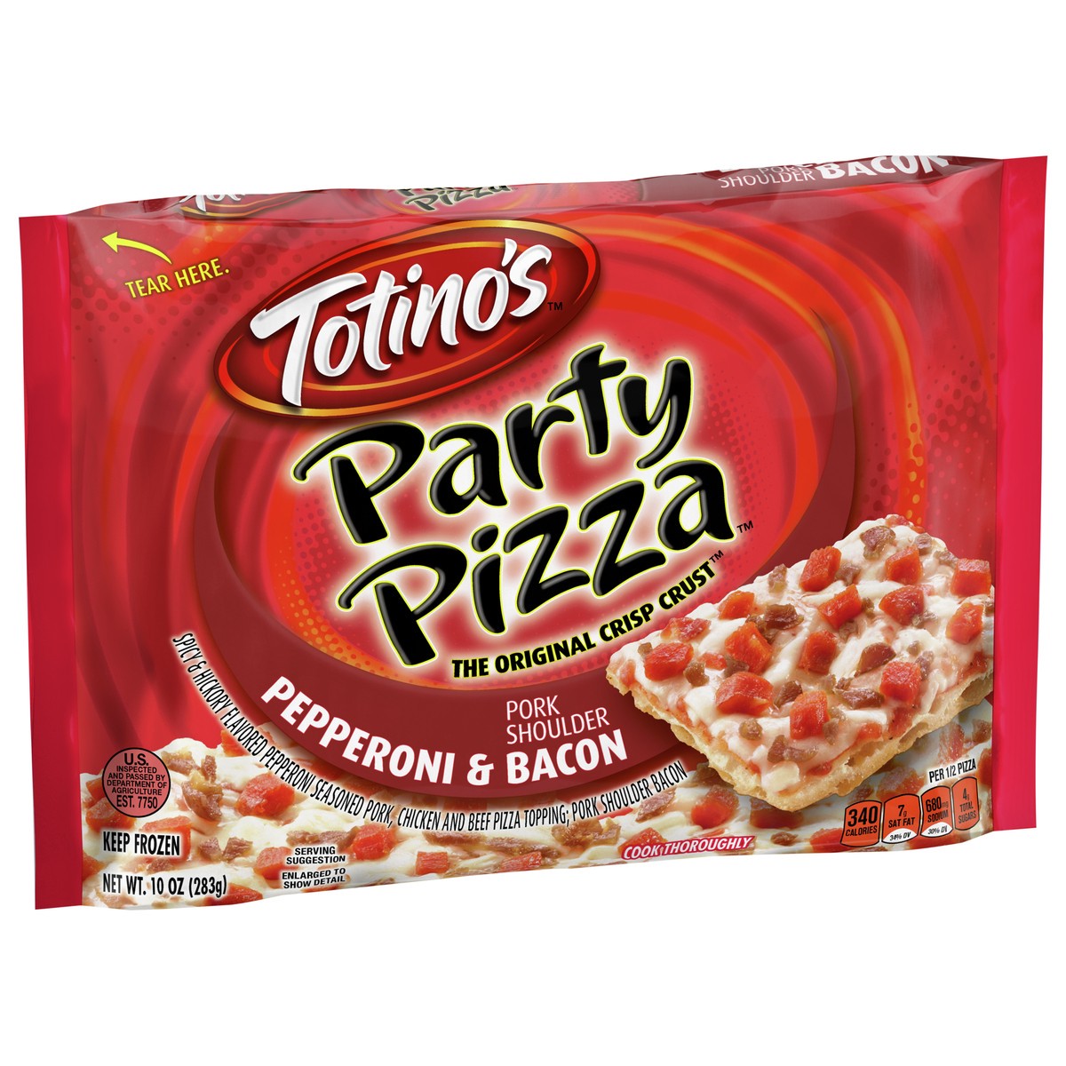 slide 6 of 9, Totino's Party Pizza, Bacon & Pepperoni, 10 oz Pizza (frozen), 10 oz