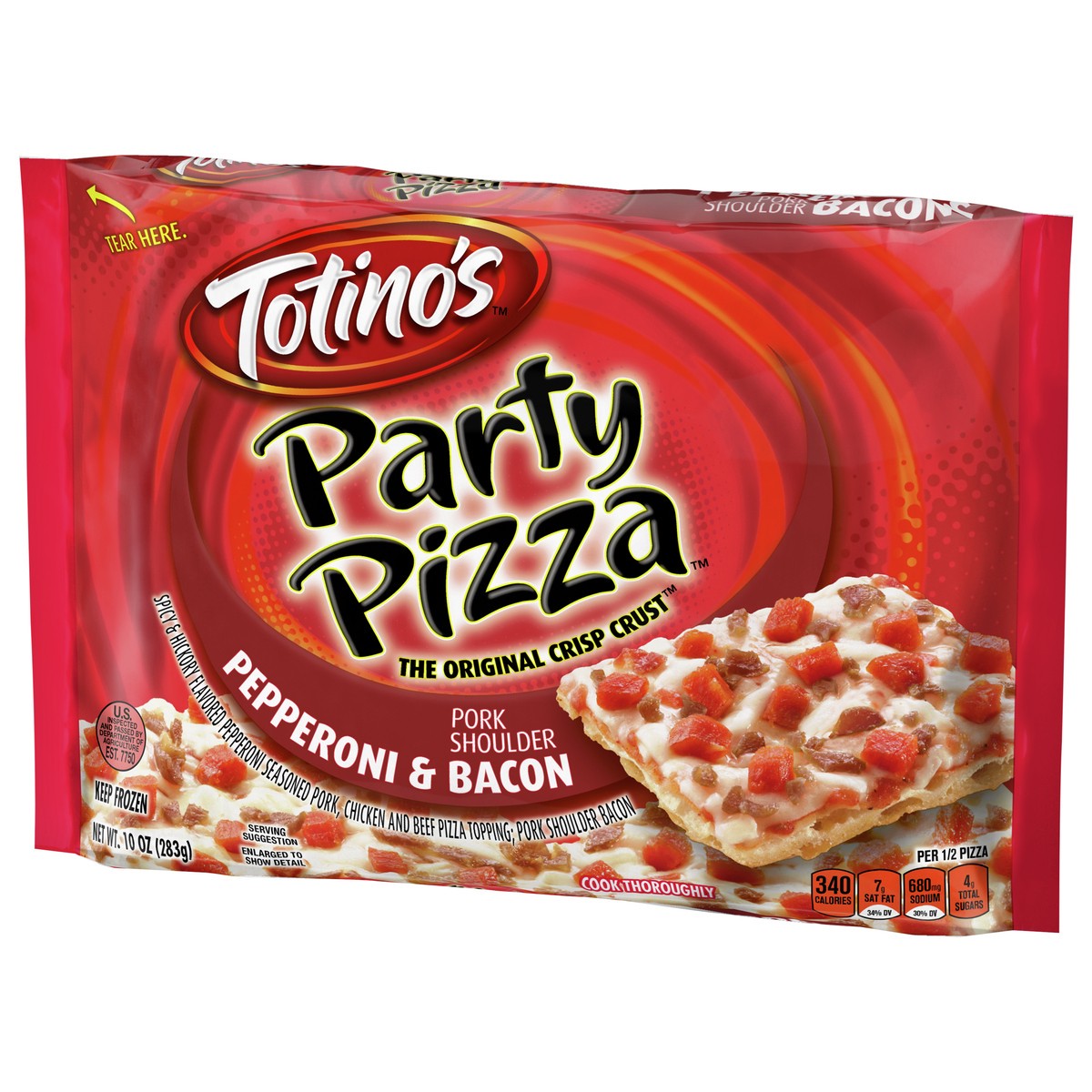 slide 2 of 9, Totino's Party Pizza, Bacon & Pepperoni, 10 oz Pizza (frozen), 10 oz