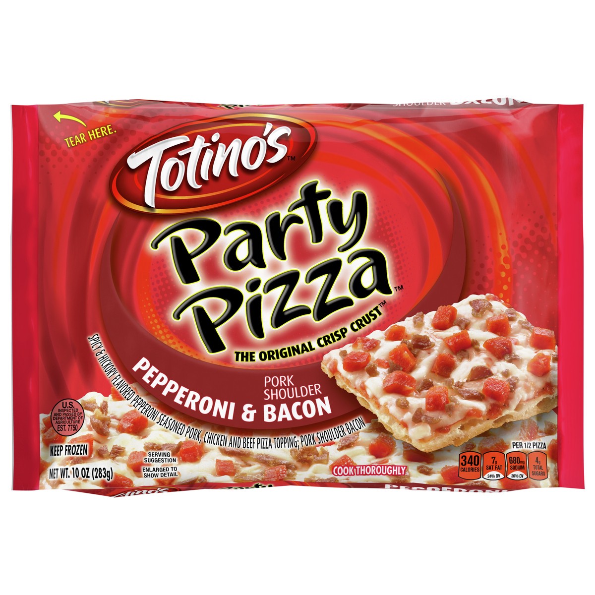 slide 1 of 9, Totino's Party Pizza, Bacon & Pepperoni, 10 oz Pizza (frozen), 10 oz