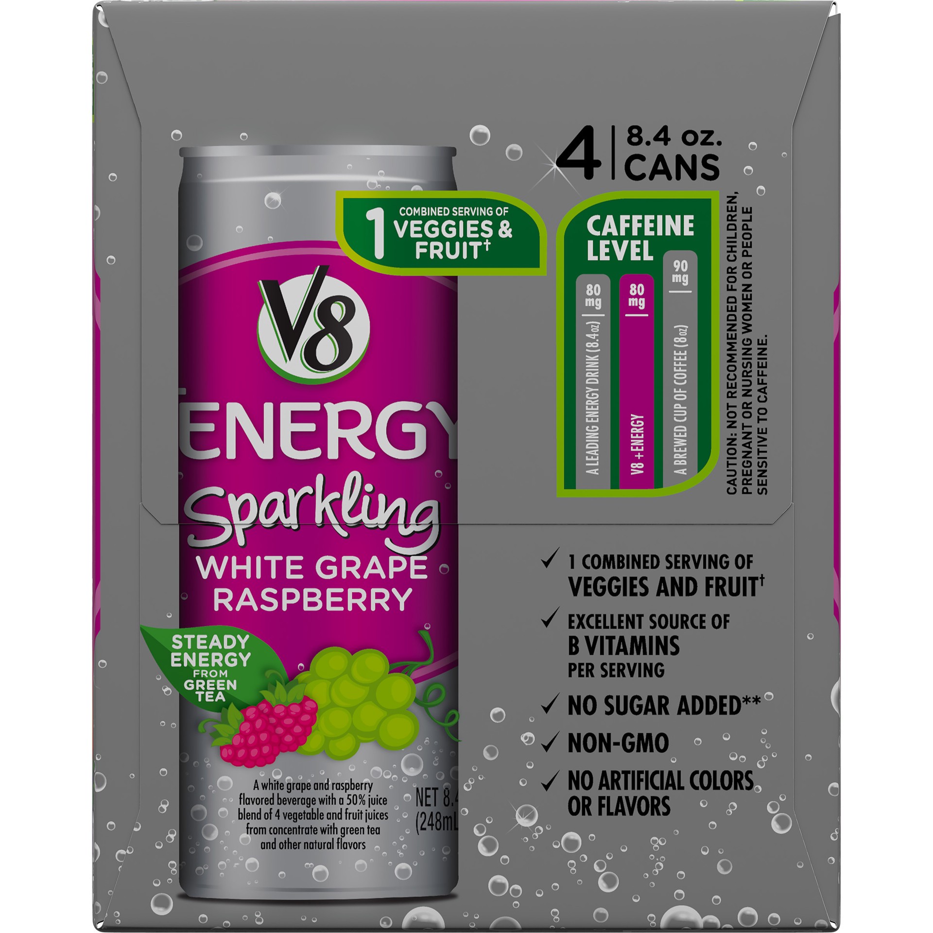 slide 2 of 5, V8 +Energy Sparkling Healthy Energy Drink, Natural Energy from Tea, White Grape Raspberry, 8.4 Oz Can (4 Count), 33.6 oz