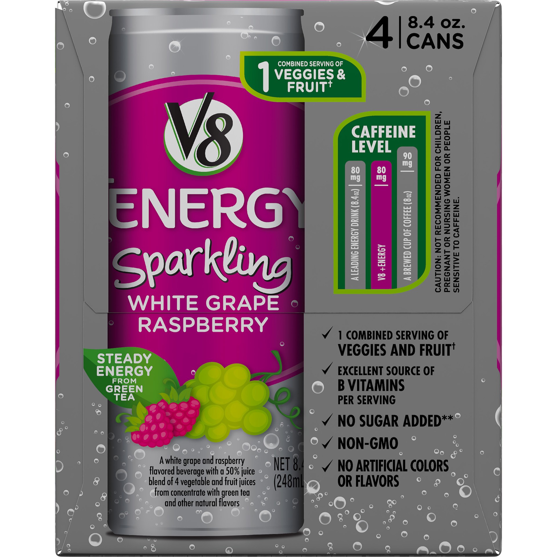 slide 3 of 5, V8 +Energy Sparkling Healthy Energy Drink, Natural Energy from Tea, White Grape Raspberry, 8.4 Oz Can (4 Count), 33.6 oz