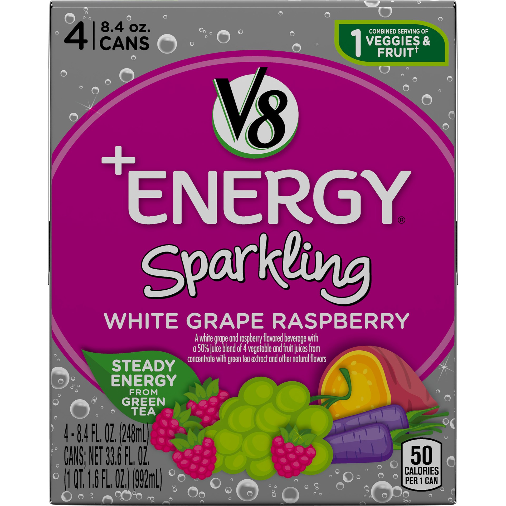 slide 5 of 5, V8 +Energy Sparkling Healthy Energy Drink, Natural Energy from Tea, White Grape Raspberry, 8.4 Oz Can (4 Count), 33.6 oz