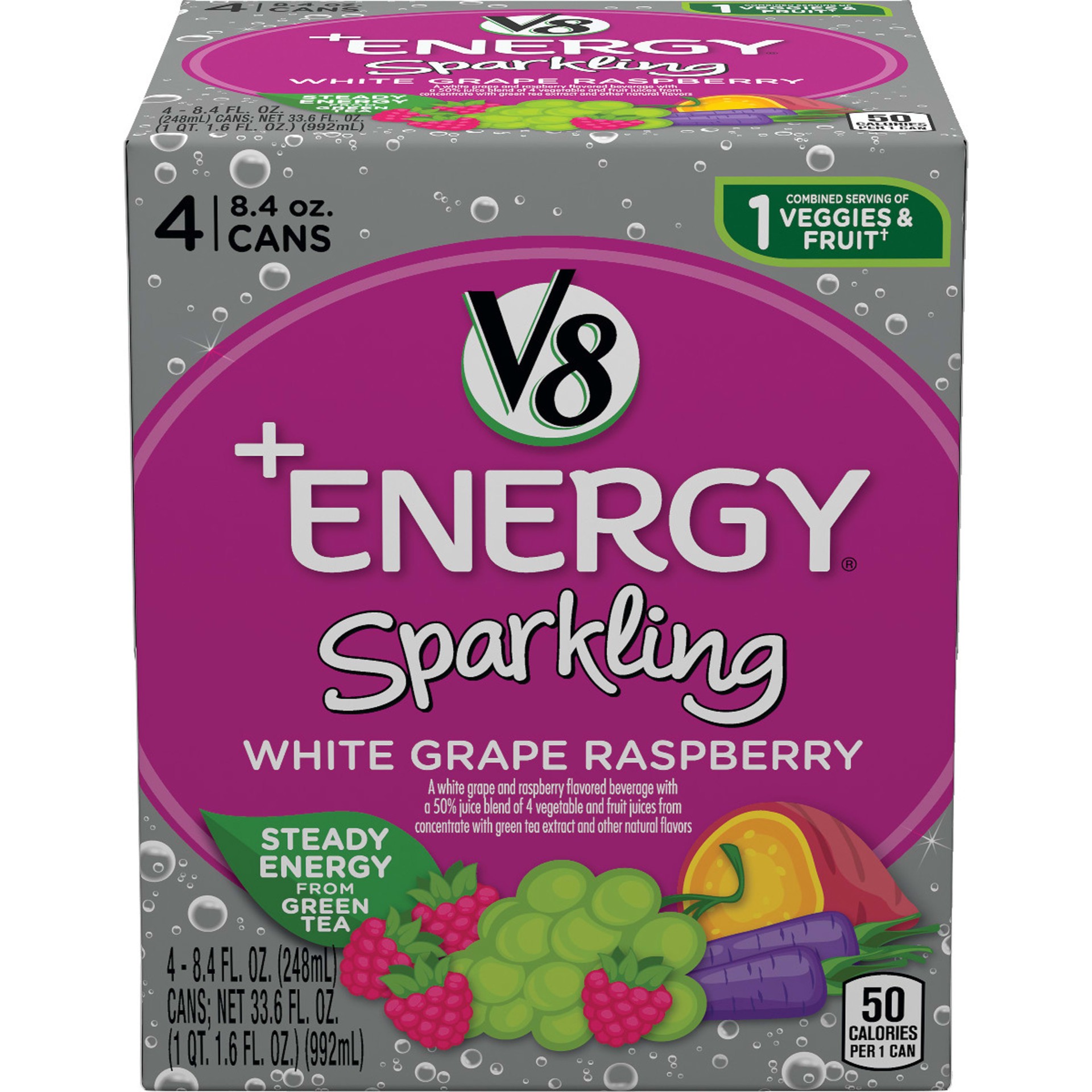 slide 1 of 5, V8 +Energy Sparkling Healthy Energy Drink, Natural Energy from Tea, White Grape Raspberry, 8.4 Oz Can (4 Count), 33.6 oz