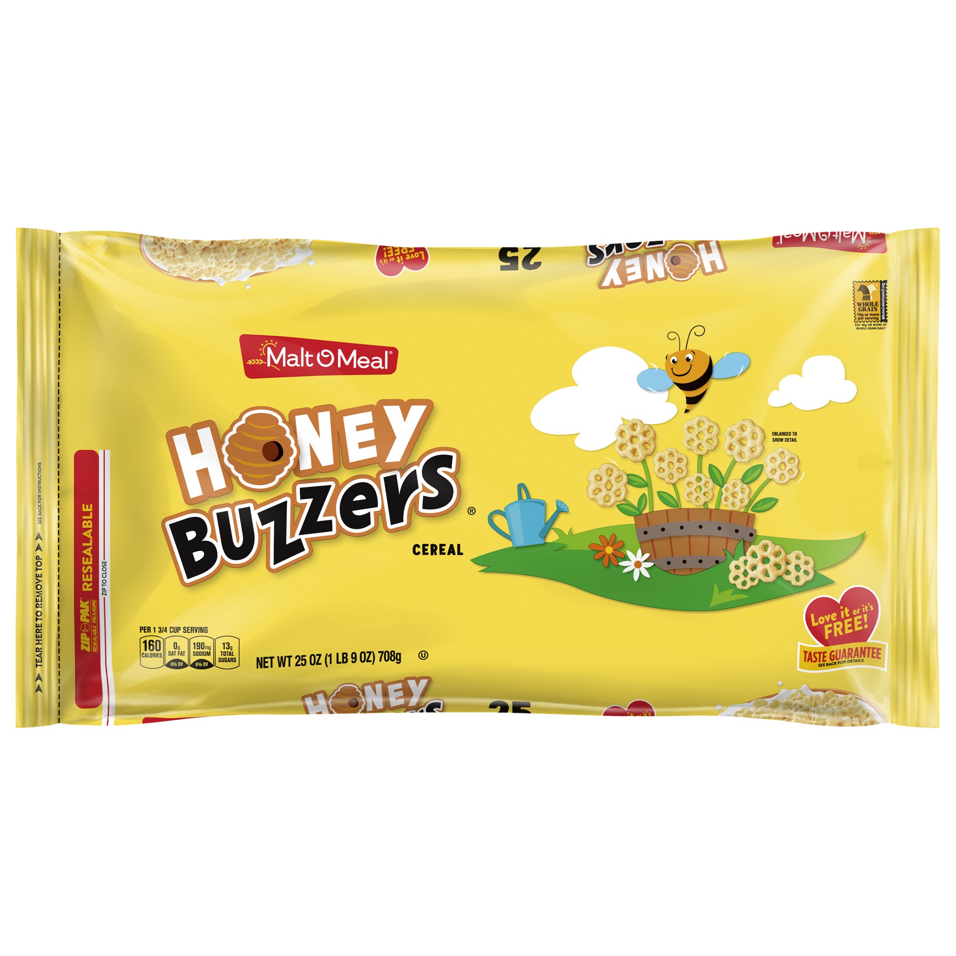 slide 1 of 7, Malt-O-Meal Honey Buzzers Breakfast Cereal, Super Sized Honey Cereal, 25 OZ Bag, 25 oz