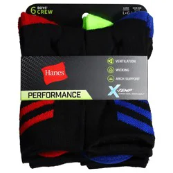 Hanes Boys' X-Temp Crew Socks, Black, Size Large
