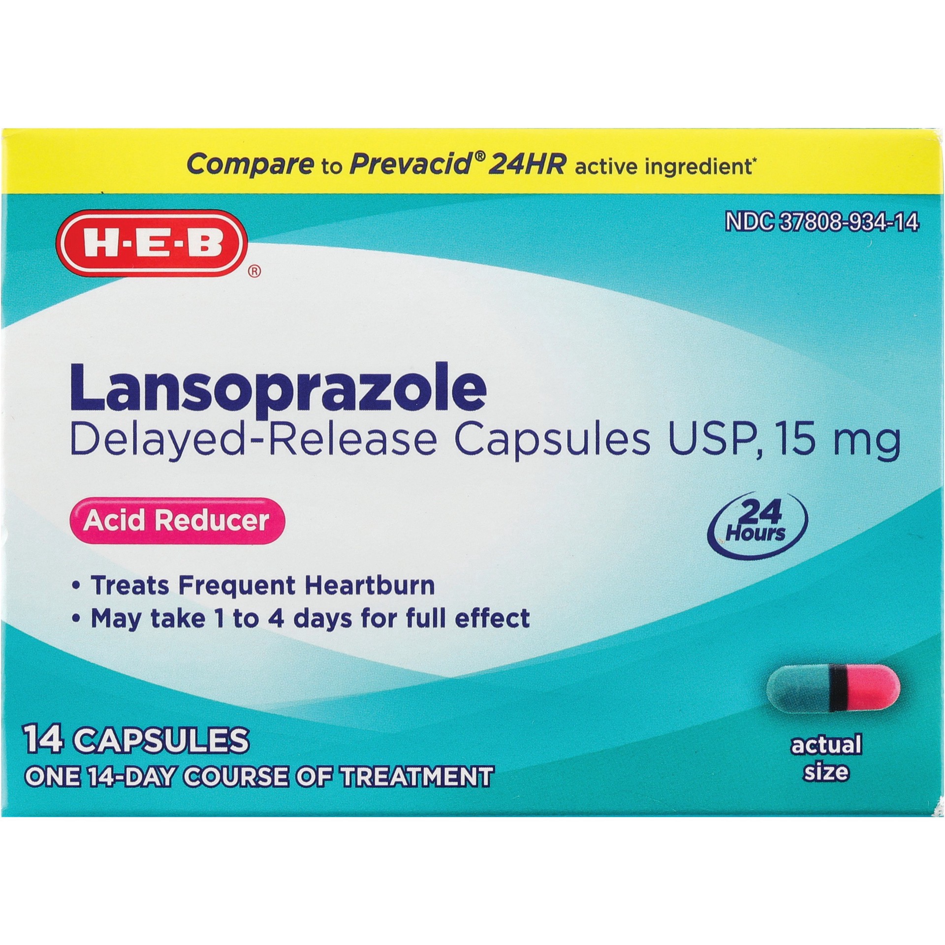 slide 1 of 1, H-E-B Lansoprazole Acid Reducer Capsules 15mg, 14 ct