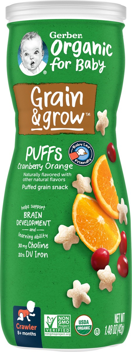 slide 1 of 5, GERBER PRODUCTS COMPANY Gerber Organic for Baby Grain & grow Puffs Cranberry Orange Canister R021A 1.48 OZ (42g), 1.48 oz