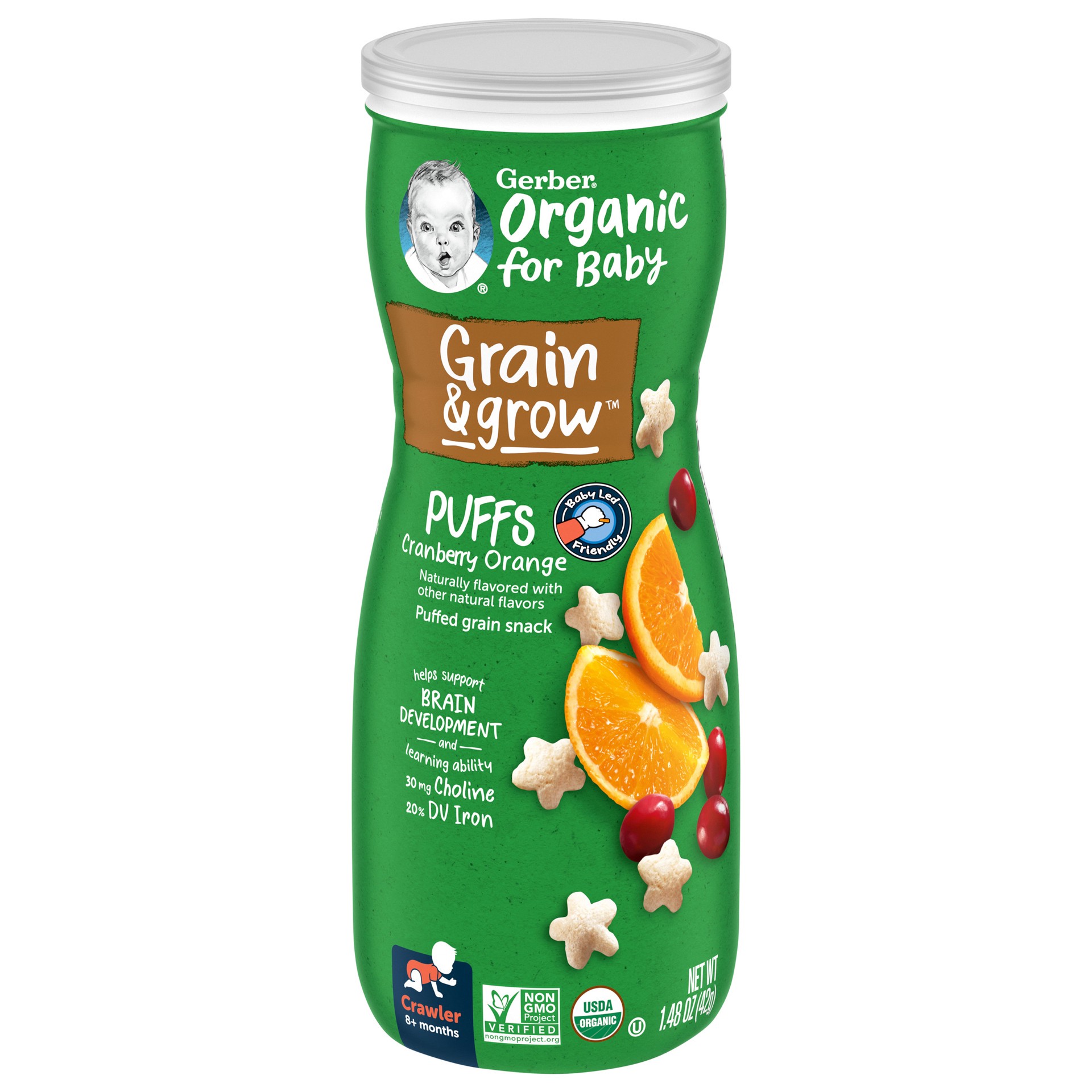 slide 1 of 5, Gerber 2nd Foods Organic for Baby Grain & Grow Puffs, Cranberry Orange, 1.48 oz Canister, 1.48 oz