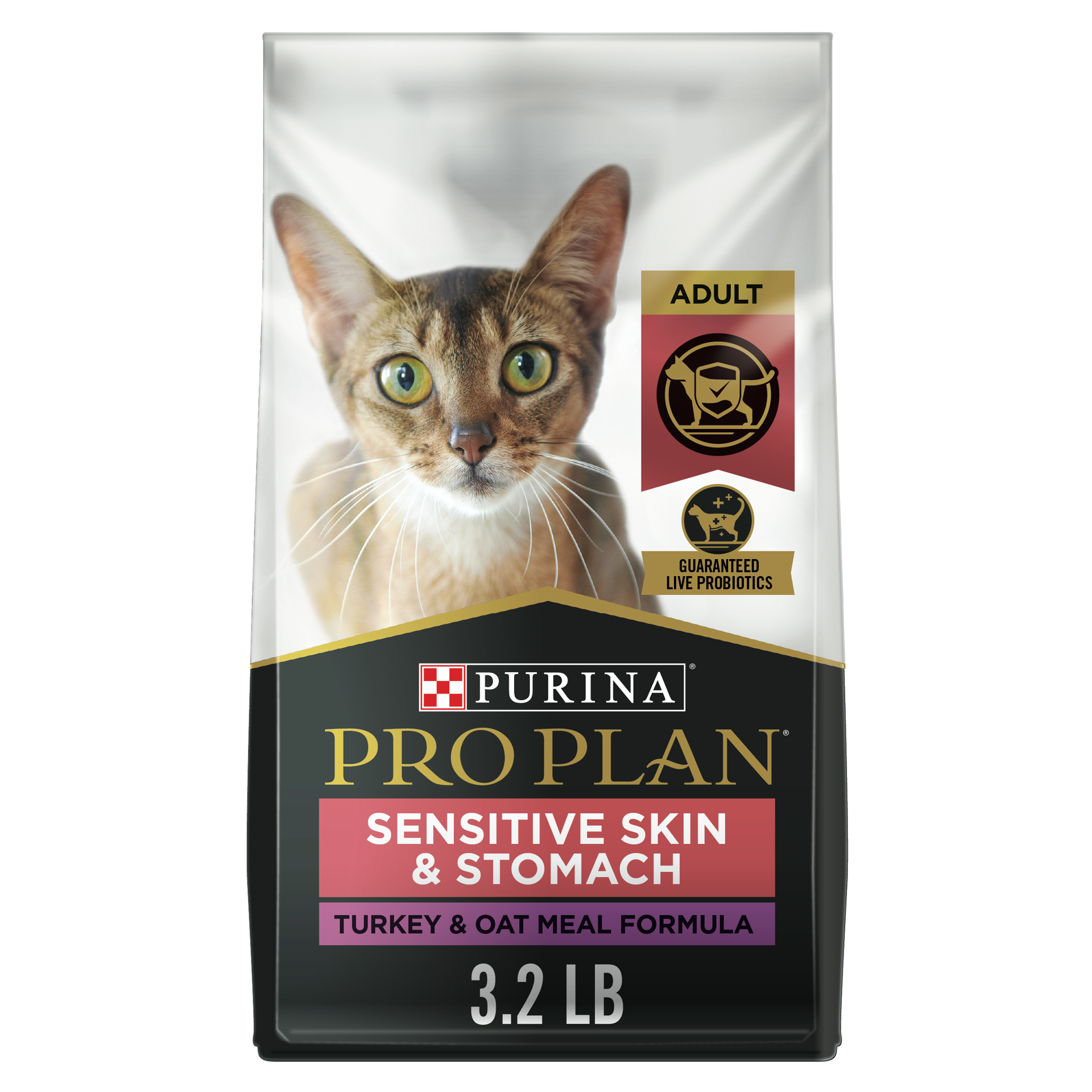 slide 1 of 7, Purina Pro Plan With Probiotics, Sensitive Skin & Stomach, Natural Dry Cat Food, Turkey & Oat Meal Formula, 3.2 lb