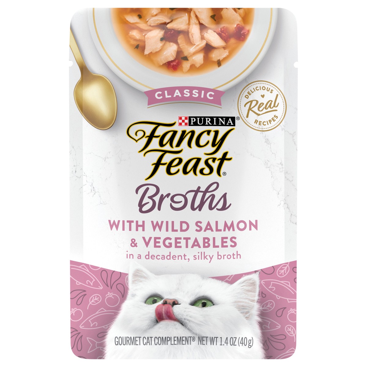 slide 1 of 3, Fancy Feast Purina Fancy Feast Broths Classic with Wild Salmon & Vegetables Gourmet Cat Complement, 1.4 oz