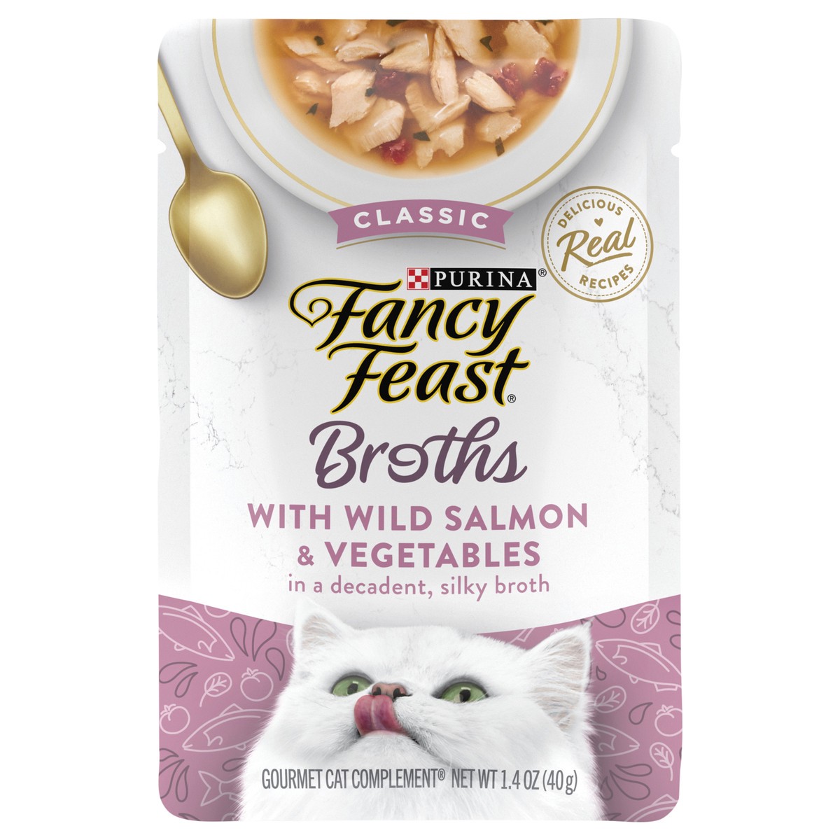 slide 1 of 3, Fancy Feast Purina Fancy Feast Lickable Wet Cat Food Broth Topper Complement, Classic With Wild Salmon and Vegetables - 1.4 oz. Pouch, 1.4 oz