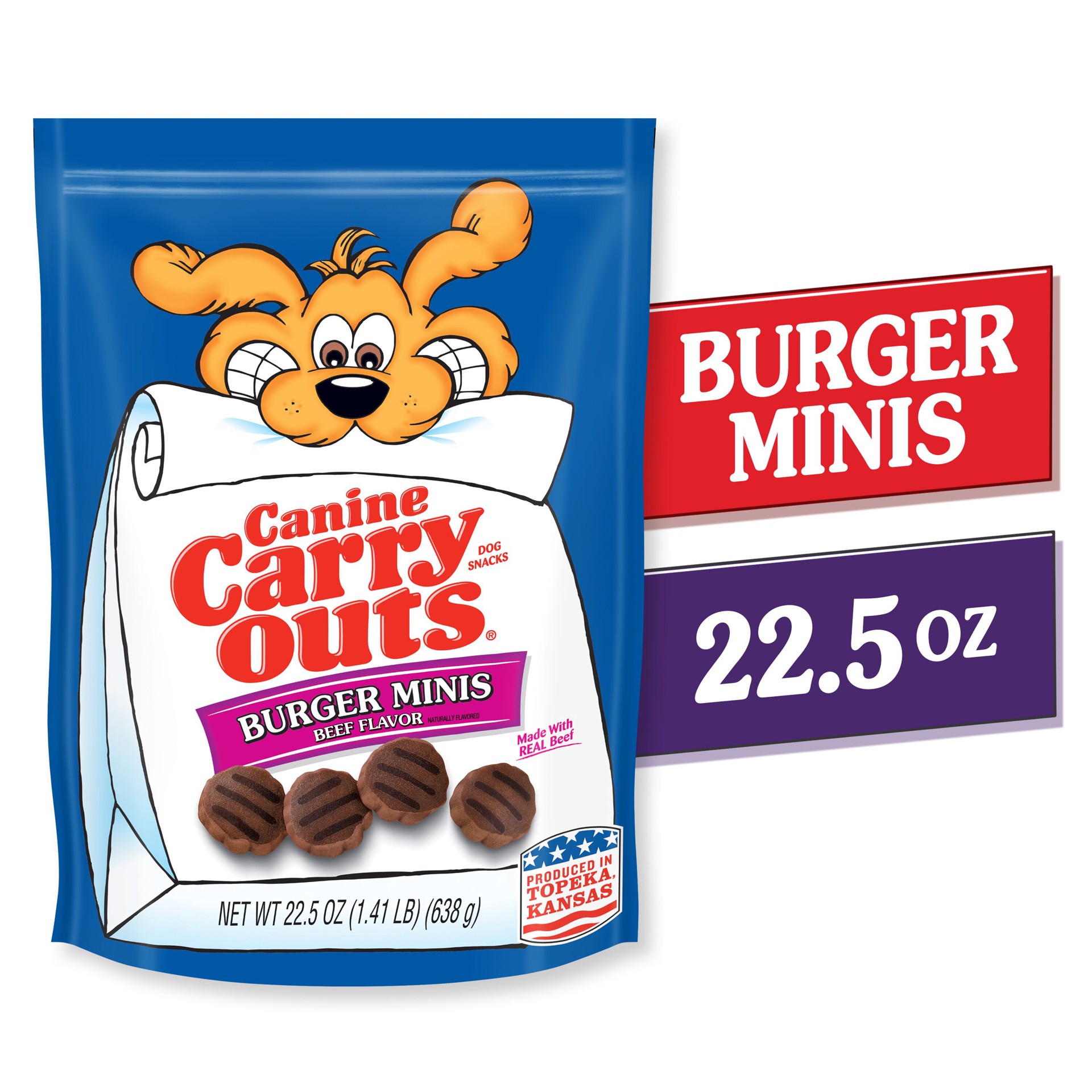 slide 2 of 6, Canine Carry Outs Burger Minis Beef Flavor Dog Treats, 22.5oz Bag, 22.5 oz