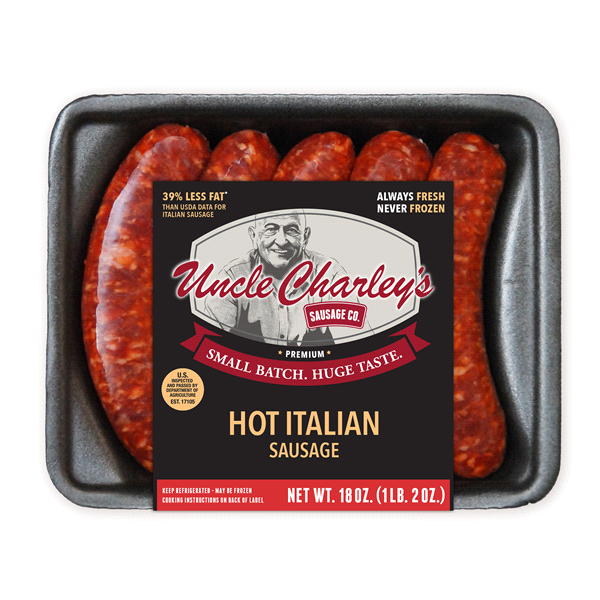 slide 1 of 1, Uncle Charley's Hot Italian Sausage, 18 oz