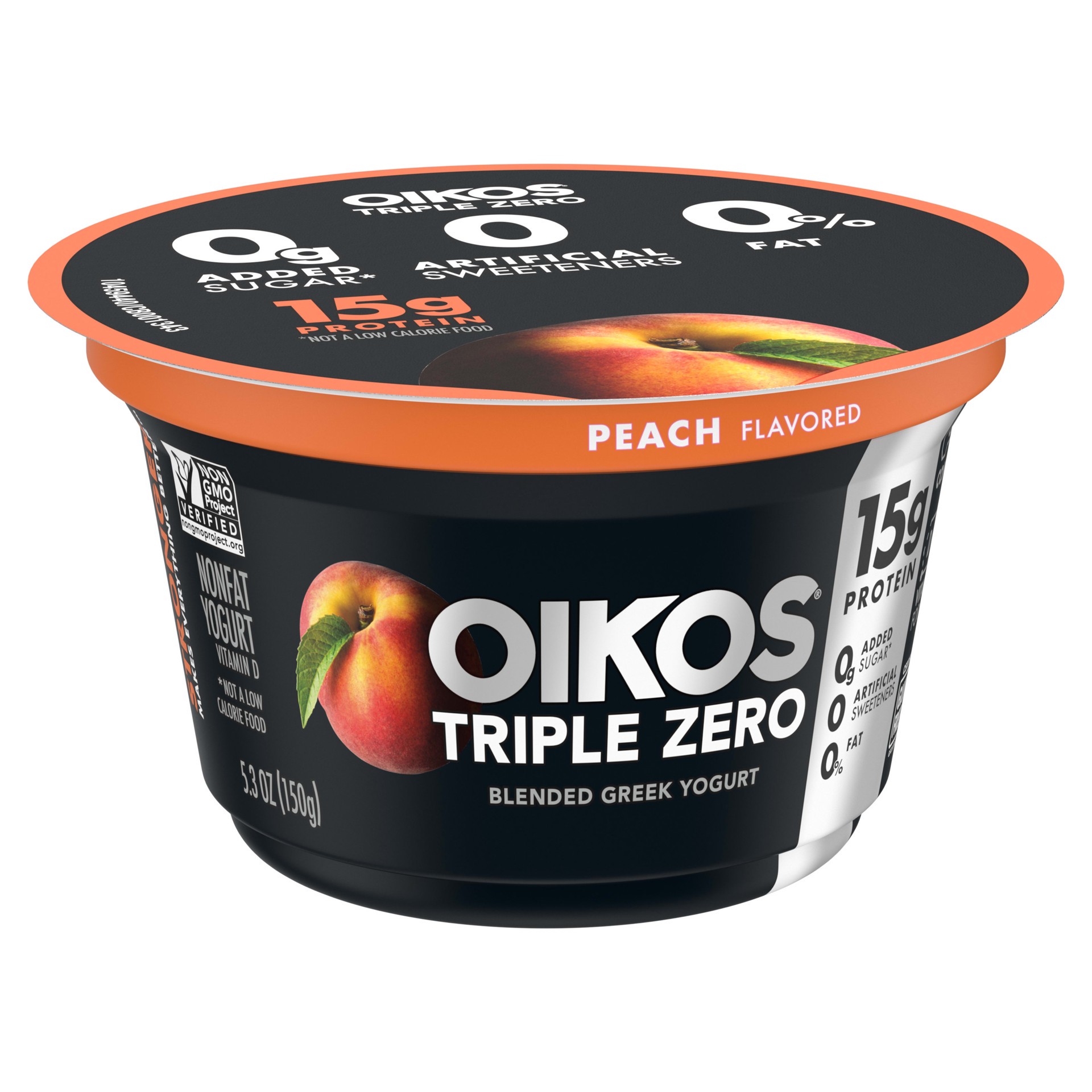 slide 5 of 5, Oikos Triple Zero Peach Nonfat Greek Yogurt, 0% Fat, 0g Added Sugar and 0 Artificial Sweeteners, Just Delicious High Protein Yogurt, 5.3 OZ Cup, 5.3 oz