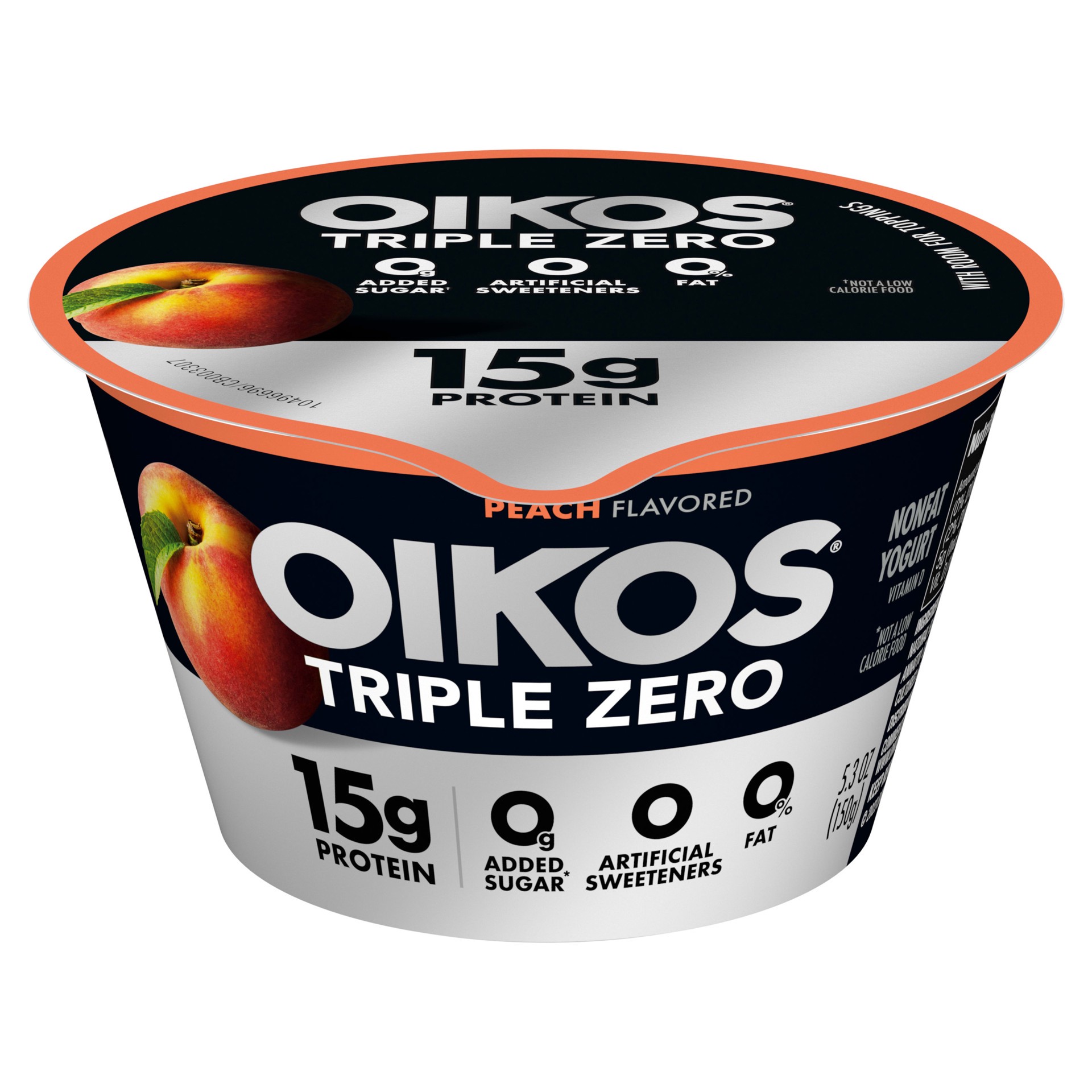 slide 1 of 5, Oikos Triple Zero Peach Nonfat Greek Yogurt, 0% Fat, 0g Added Sugar and 0 Artificial Sweeteners, Just Delicious High Protein Yogurt, 5.3 OZ Cup, 5.3 oz