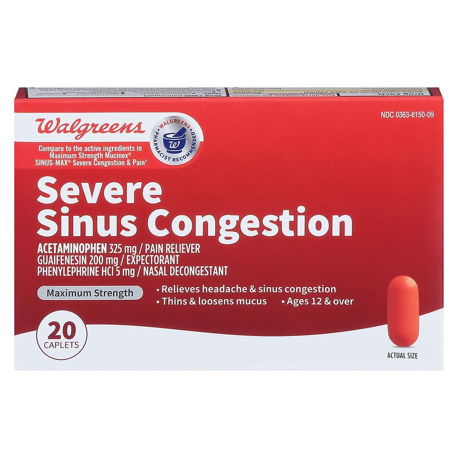 slide 1 of 5, Walgreens Mucus Relief Severe Sinus Congestion Caplets, 20 ct