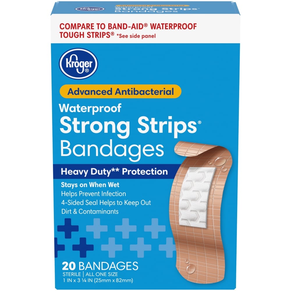 slide 1 of 1, Kroger Advanced Antibacterial Strong Strip Waterproof All One Size Waterproof Bandages, 20 ct