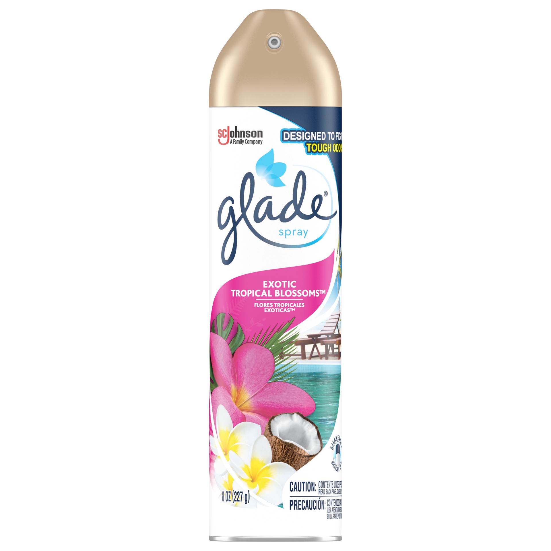 slide 1 of 10, Glade Room Spray, Exotic Tropical Blossoms, Aerosol Spray Air Freshener, Designed to Fight Tough Odors, 8 FL OZ, 8 oz