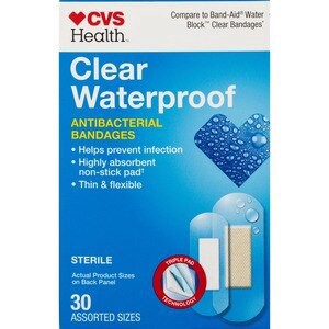 slide 1 of 1, CVS Health Clear Waterproof Bandages, Assorted Sizes, 30 Ct, 1 ct