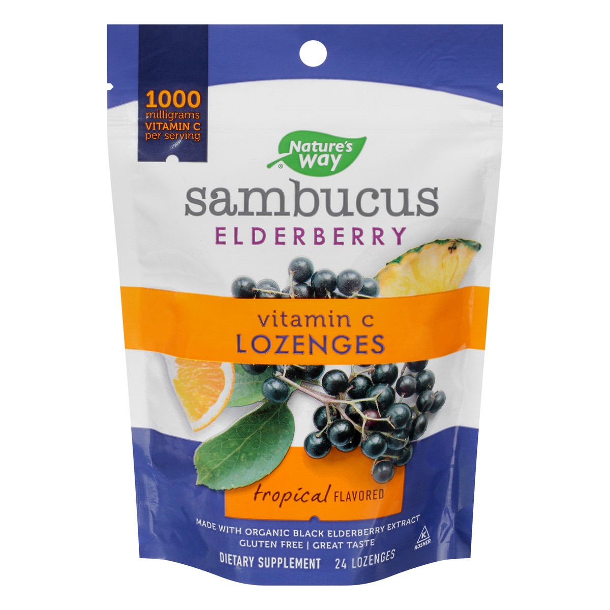 slide 1 of 1, Nature's Way Sambucus Elderberry Lozenges, 1000 mg Vitamin C Per Serving, Tropical Flavored, 24 Count, 24 ct